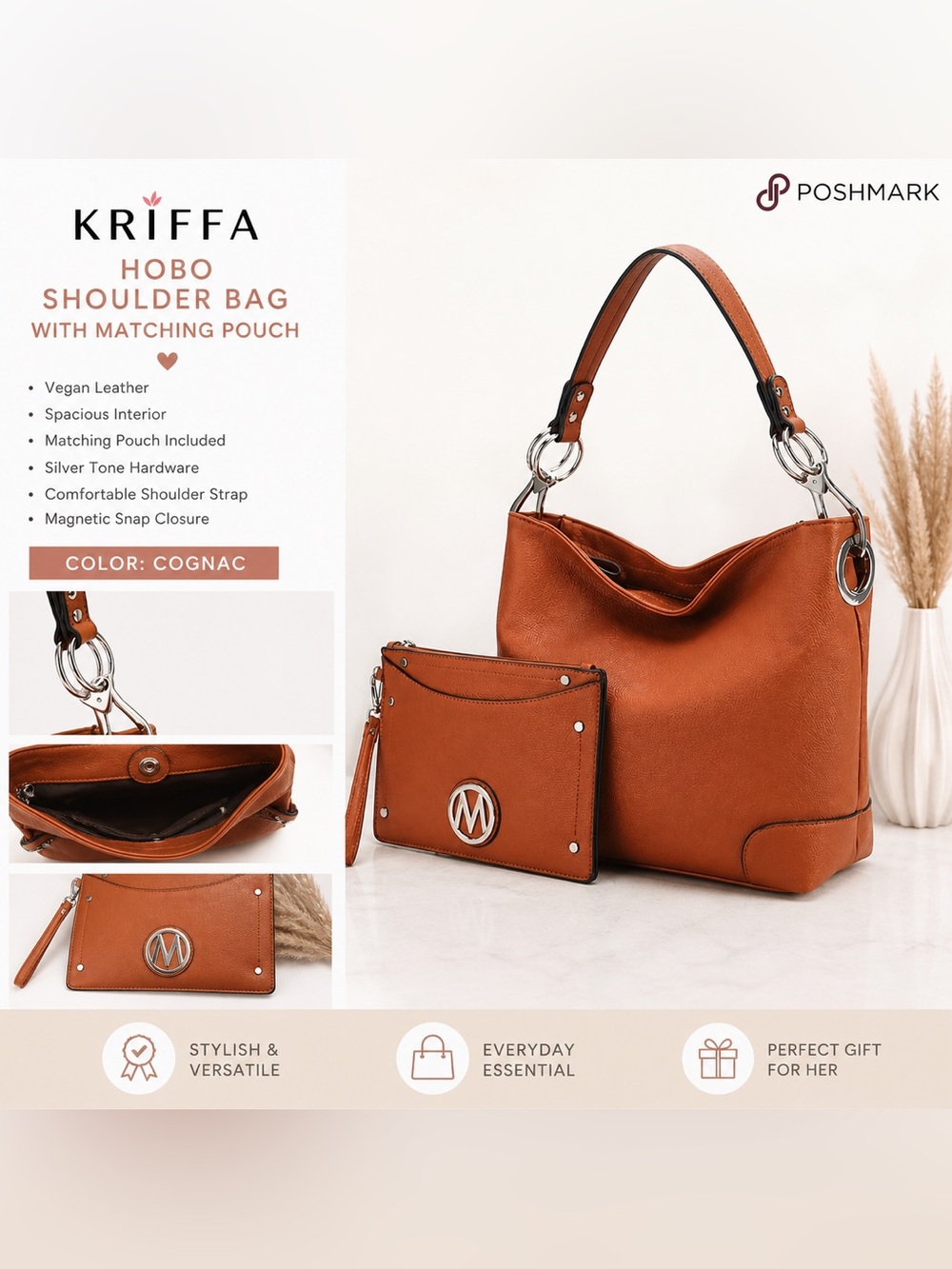 Cognac Hobo Shoulder Bag with Matching Pouch